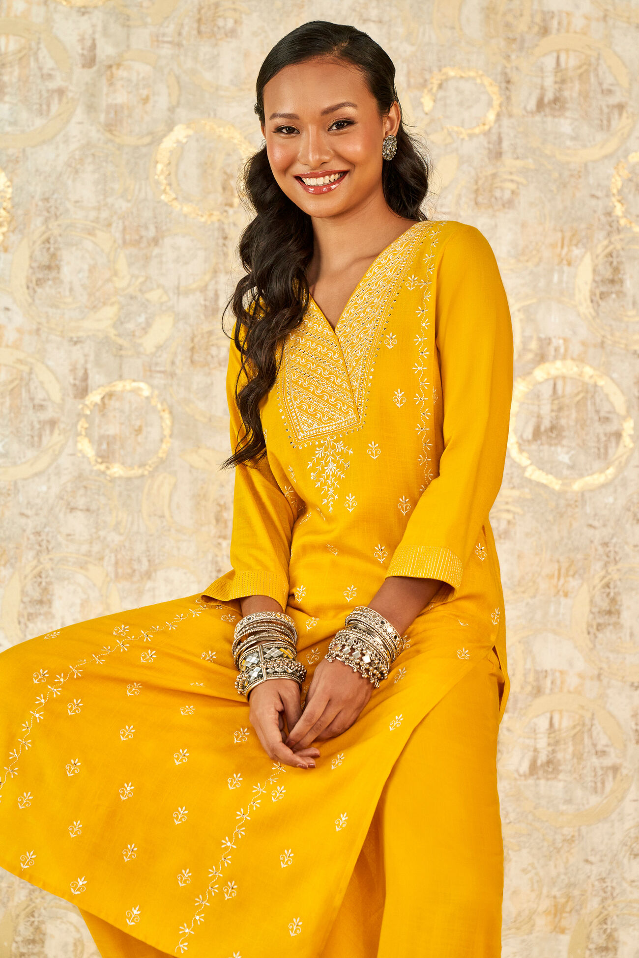 Panna embroidered kurta set, Yellow, image 2